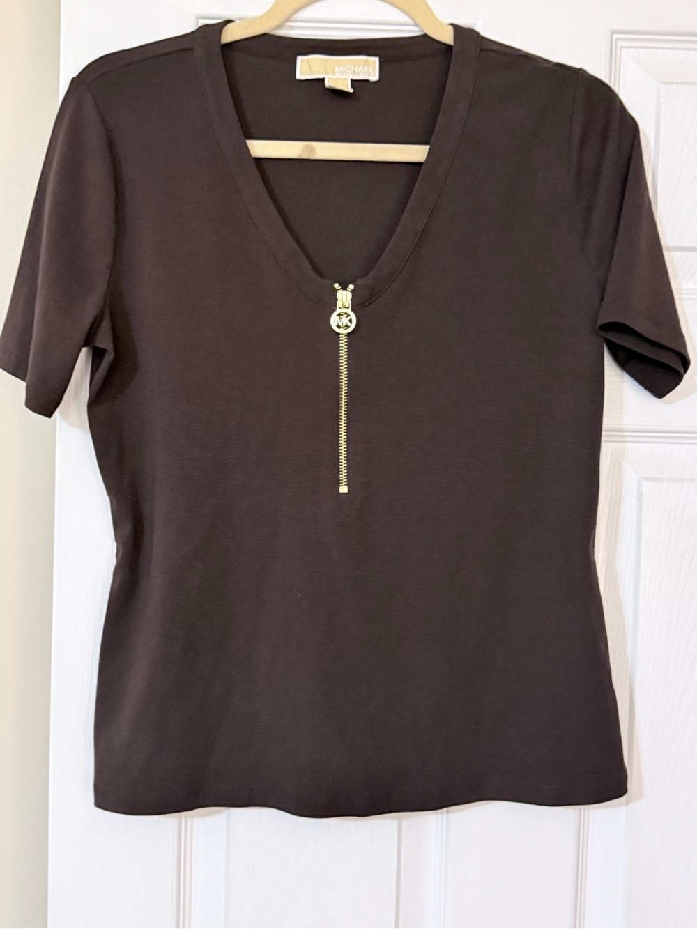 Michael Kors Chocolate Brown V-Neck Short Sleeve Top with Gold Zip